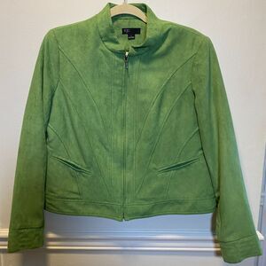 Y2K Retro Punk Streetwear Lime Green Faux Suede Jacket Moto Style Zip Front L